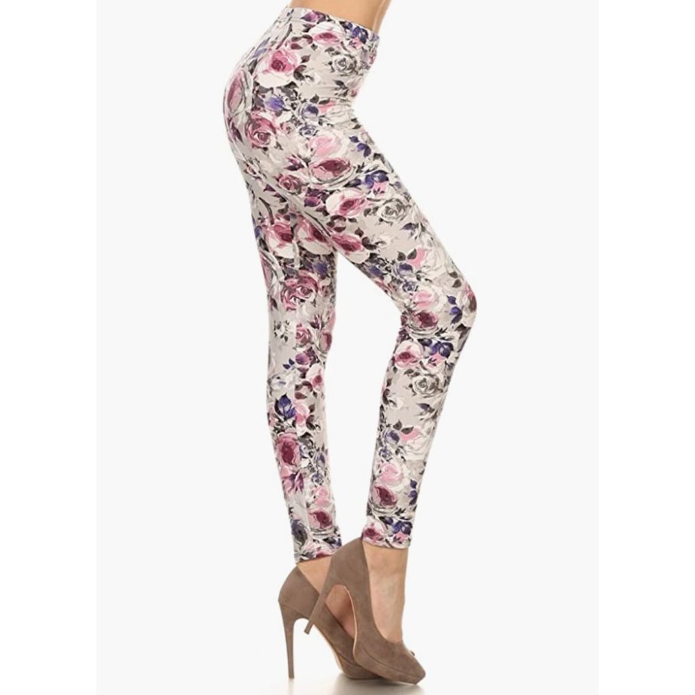 Pink & Off-White Floral Rose Flower Vine Printed Leggings Tights‎